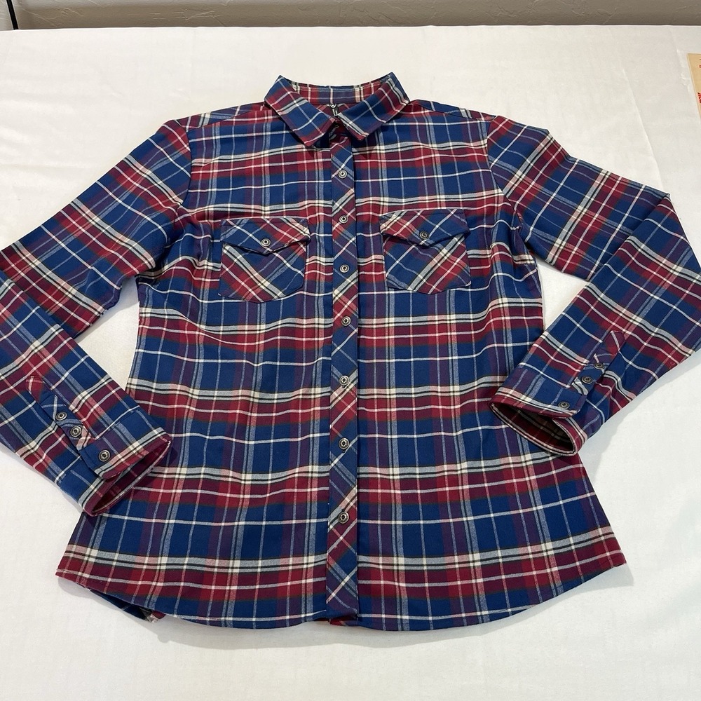 Kuhl Flannel Shirt Women's Size Large Alina Blue Red Plaid Long Sleeve Button Up